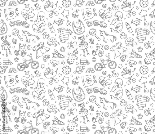 Baby goods store seamless background pattern Newborn products and toys.