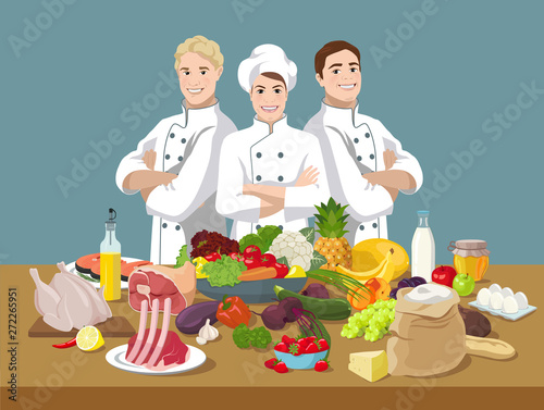 European female chef and cooker assistants in the kitchen and lots of variety of products in the foreground. Cooking concept. Vector illustration.