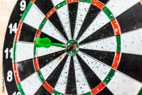 A round board for playing darts close up, a green dart hit the target.