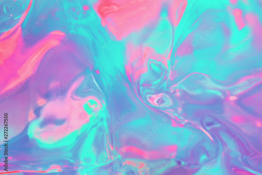 Obraz premium Abstract trendy holographic background in 80s style. Blurred texture in violet, pink and mint colors with scratches and irregularities. Retro futurism, webpunk, disco. Neon colors.