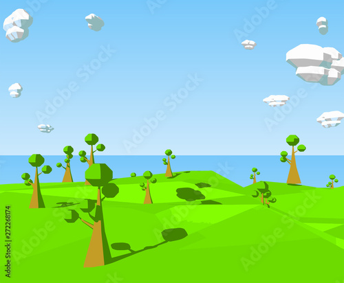 low poly sea  landscape with  trees on hill  