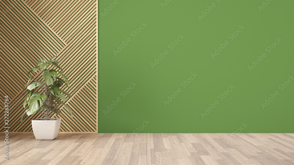Empty room with wooden panel and potted plant, parquet floor. Green wall  background with copy space. Interior design concept idea, modern  architecture template Stock Illustration | Adobe Stock