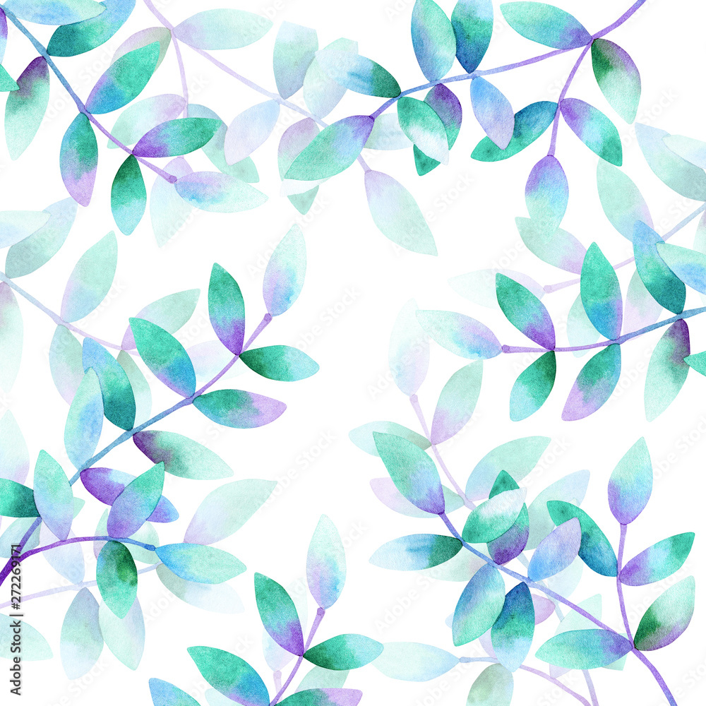 Template for design. Background with beautiful branches with green purple blue leaves. Hand drawn watercolor illustration. Template for design. Background with beautiful branches with green purple blue leaves. Hand drawn watercolor illustration.