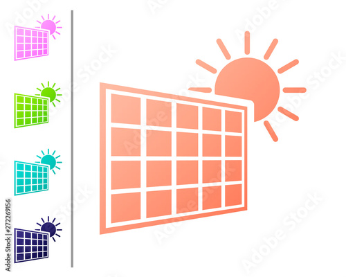 Coral Solar energy panel and sun icon isolated on white background. Set color icons. Vector Illustration