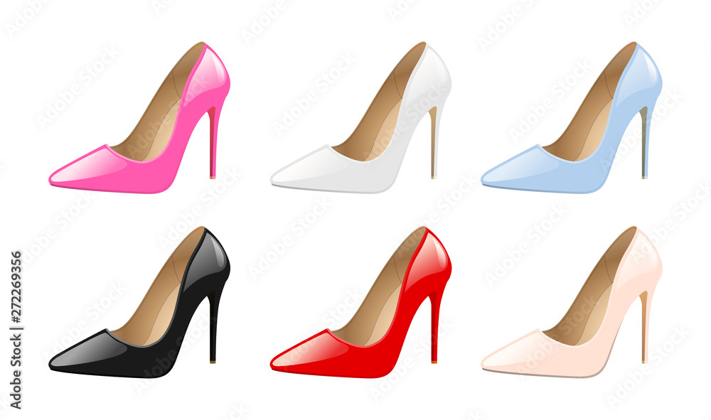 Set of elegant women shoes, colorful high heels, fashion trendy footwear, isolated on white background vector illustration. Set of elegant women shoes, colorful high heels, fashion trendy footwear, isolated on white background vector illustration.