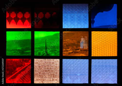 Detail of stained glass windows in rambaud house, Harar, Ethiopia photo