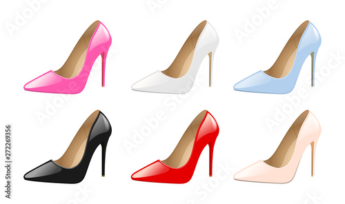 Valokuva Set of elegant women shoes, colorful high heels, fashion trendy footwear, isolated on white background vector illustration
