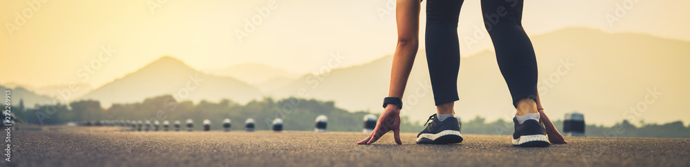 close up of woman leg in running start to reach the goal. Jogging workout and sport healthy lifestyle concept. proportion of the banner for ads.