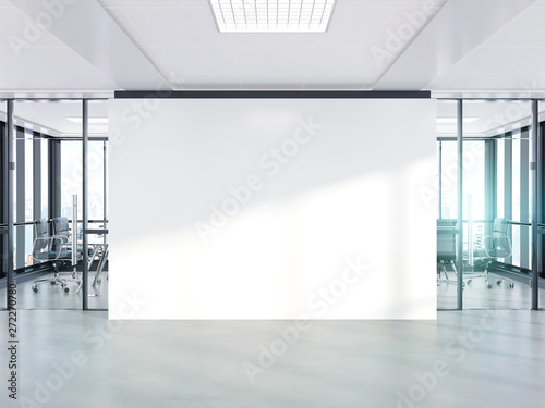 Fototapeta Naklejka Na Ścianę i Meble -  Blank white wall in concrete office with large windows Mockup 3D rendering
