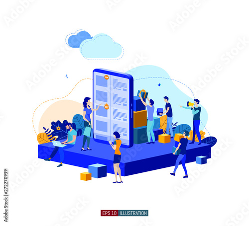 Trendy flat illustration. Online shopping illustration concept. Mobile shopping. Store team. Globalisation. Template for your design works. Vector graphics.