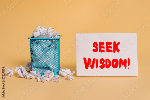 Handwriting text Seek Wisdom. Conceptual photo ability to think act using knowledge experience understanding crumpled paper trash and stationary with empty paper placed in trash can photo