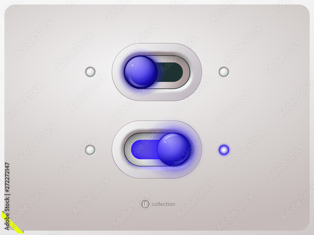 Light switch in the on and off position with glowing indicator. Realistic style. Isolated background. UI kit for site, web design, app, player or phone. Vector illustration. Light switch in the on and off position with glowing indicator. Realistic style. Isolated background. UI kit for site, web design, app, player or phone. Vector illustration.