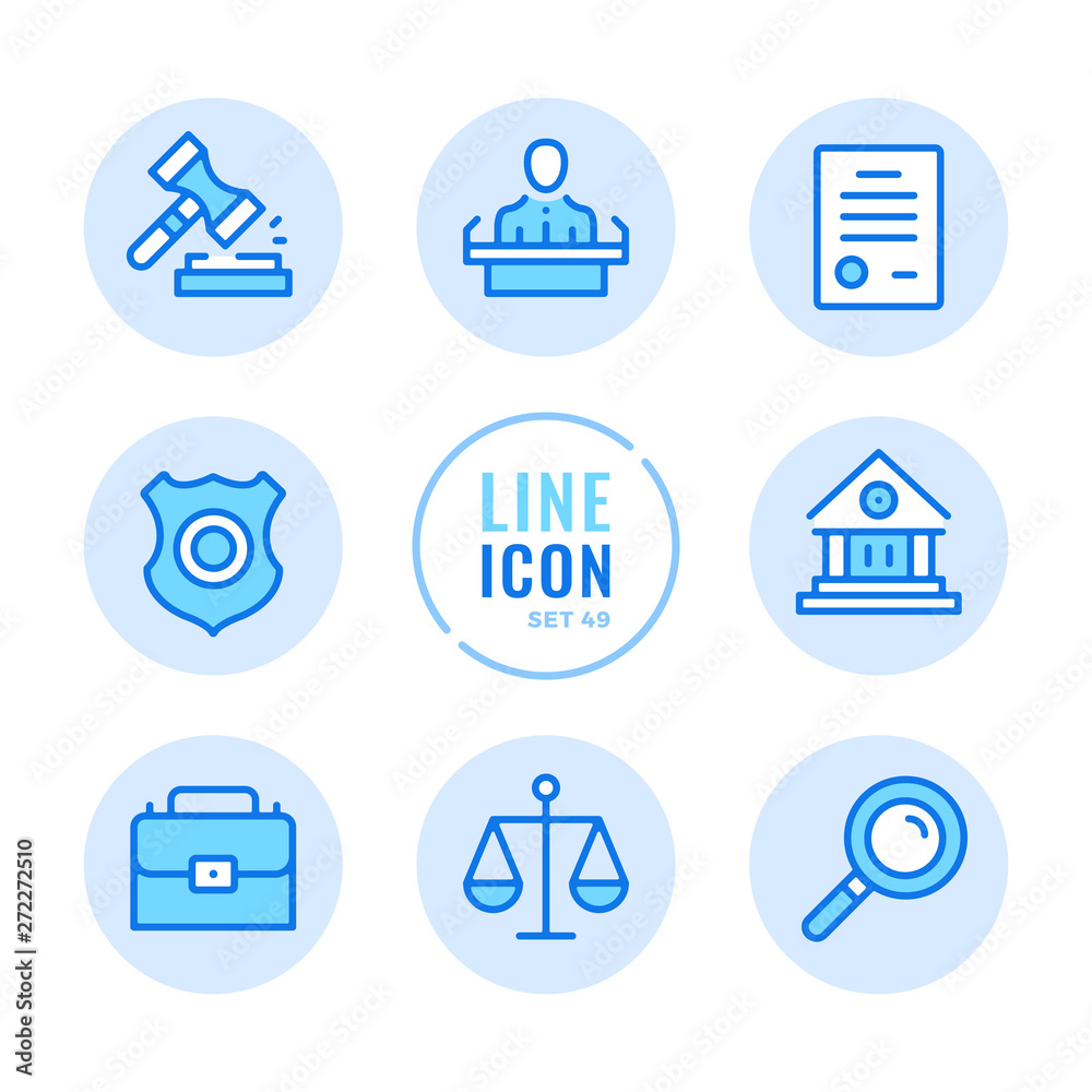 Law and justice vector line icons set. Court, judgment, legal document, examination of evidence, police badge outline symbols. Thin line design. Modern simple stroke graphic elements. Round icons Law and justice vector line icons set. Court, judgment, legal document, examination of evidence, police badge outline symbols. Thin line design. Modern simple stroke graphic elements. Round icons