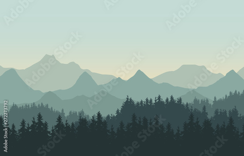 Realistic illustration of mountain landscape with hills and coniferous forest under green sky. Suitable as a holiday or travel advertisement, vector