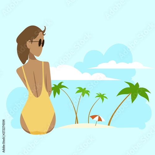 tanned girl in a yellow swimsuit, palm trees, parasol and clouds