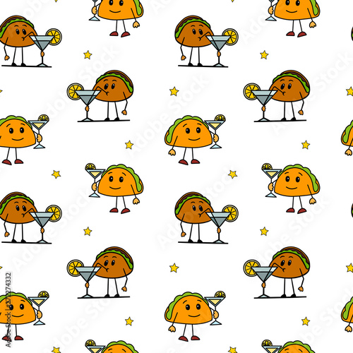 a cartoon taco pattern in a bar holds a margarita cocktail