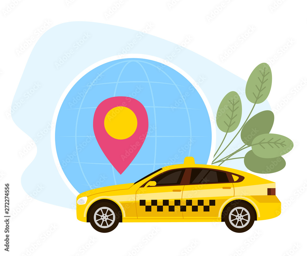 Naklejka premium Yellow taxi cab service. Online transportation concept. Vector flat graphic design cartoon illustration