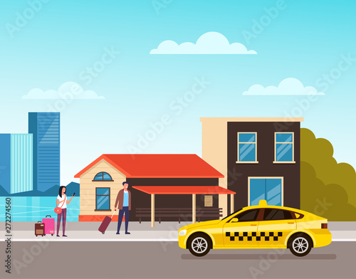 People passengers waiting taxi. Online transportation concept. Vector flat graphic design cartoon illustration