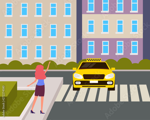 Woman character hitchhiking taxi cab car on city town street. Vector flat graphic design cartoon illustration