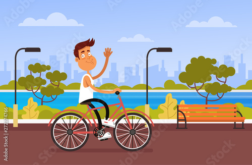 Happy smiling man character riding bicycle in public park. Sport healthy lifestyle concept. Vector flat graphic design cartoon illustration
