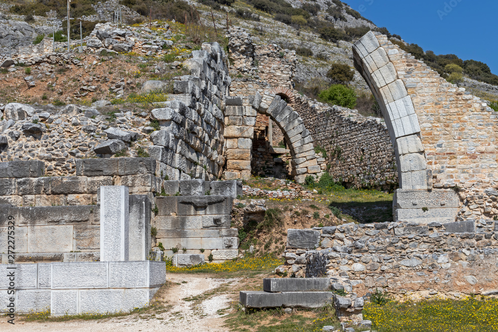 Ruins of The ancient theatre in the Antique area of Philippi, Eastern Macedonia and Thrace, Greece