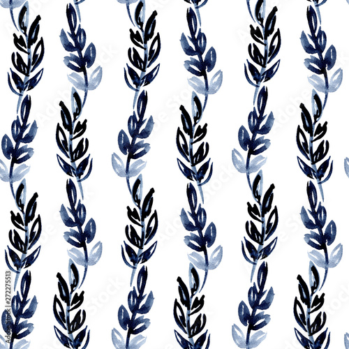 illustration watercolor seamless pattern of indigo leaves in the form of vertical stripes waves on a white background. for fabric  paper design