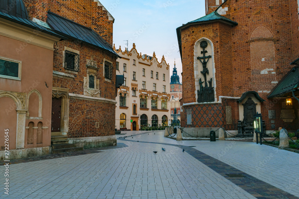 Krakow Old Town center with churches of St Mary, St Barbara and Town Hall tower at the background
