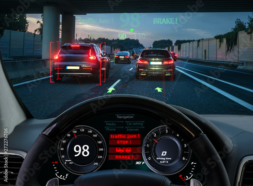 view from the cockpit of a car equipped with HUD and active safety systems.The systems detected a traffic jam on the motorway and activated emergency braking photo
