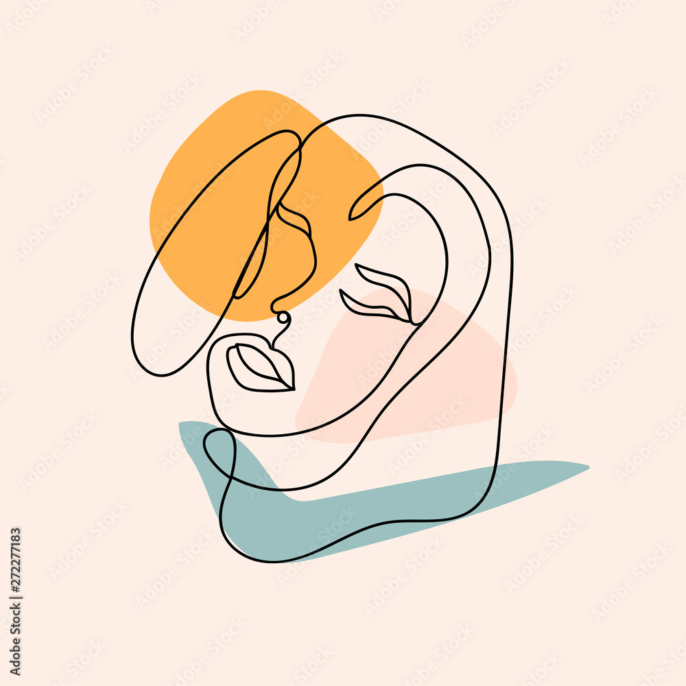 Fototapeta Modern abstract face. Contemporary female silhouette. Hand drawn outline trendy vector illustration. Continuous line, minimalistic concept. Pastel colors