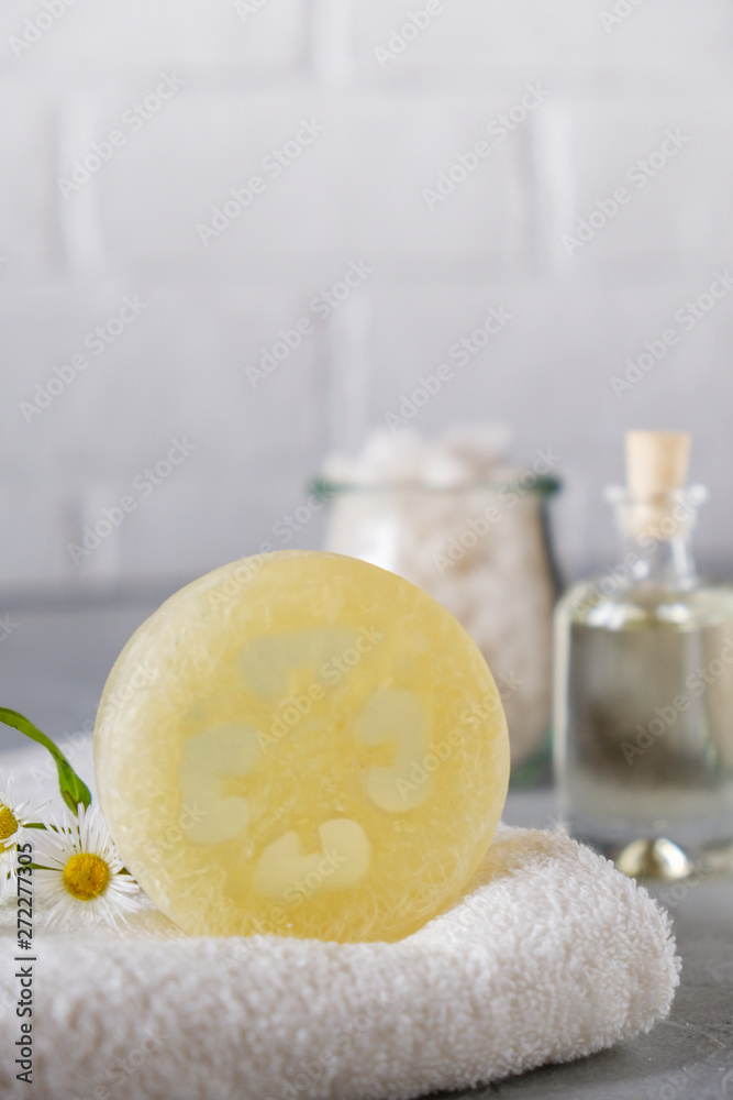 Bar of natural soap with loofah. Natural Herbal Products. Spa cosmetics Bar of natural soap with loofah. Natural Herbal Products. Spa cosmetics