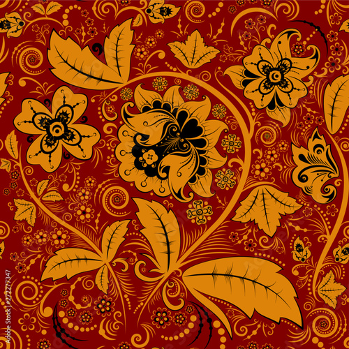Hohloma seamless pattern, russian design vector. Khokhloma background decoration in red and gold colors