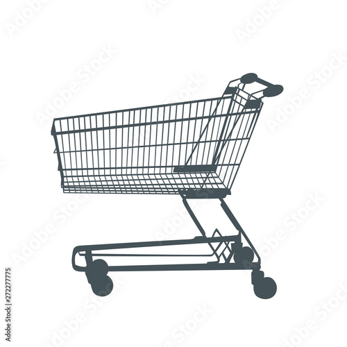 Silhouette supermarket trolley on wheels, grey color, isolated on white background