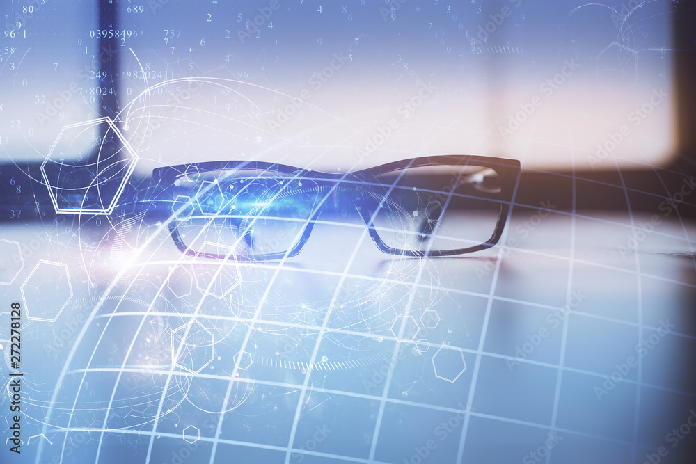 Map hologram with glasses on the table background. Concept of globalization. Double exposure. Map hologram with glasses on the table background. Concept of globalization. Double exposure.