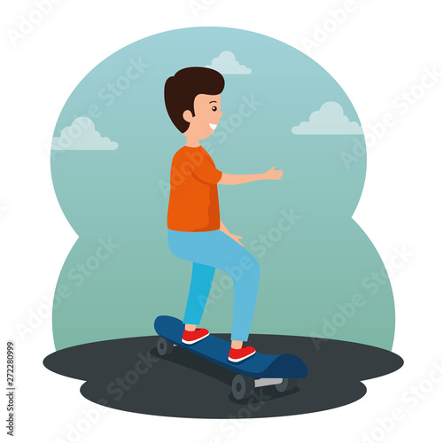 happy boy kid playing in the skateboard