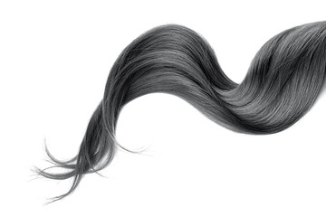 Black hair isolated on white background. Long wavy ponytail