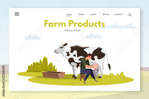 Farm products landing page layout. Farmer milking cow flat vector illustration