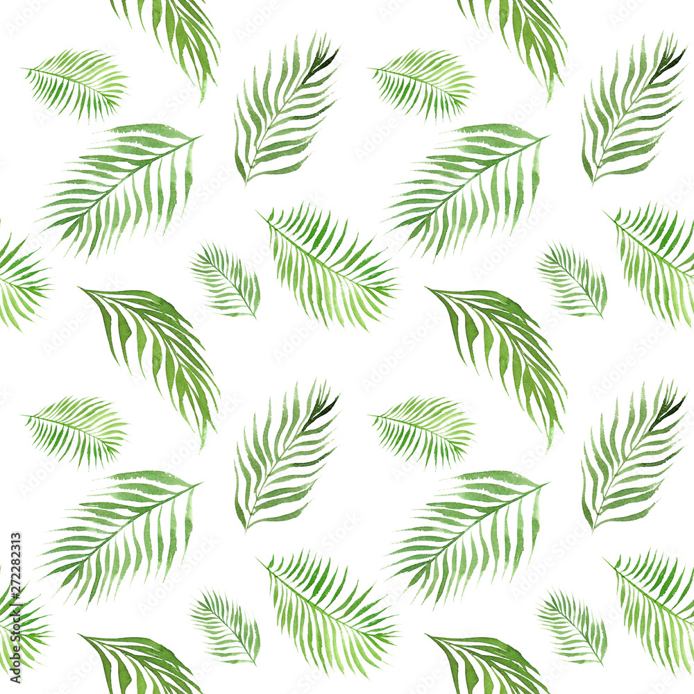 hand drawn watercolor seamless pattern with green palm tree leaves on white  background