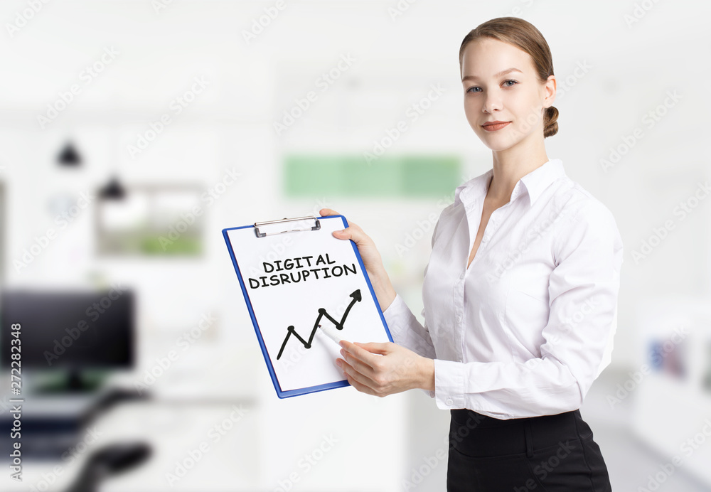 Business, technology, internet and networking concept. Young entrepreneur showing keyword: digital disruption Business, technology, internet and networking concept. Young entrepreneur showing keyword: digital disruption