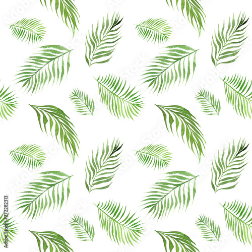 hand drawn watercolor seamless pattern with green palm tree leaves on white  background