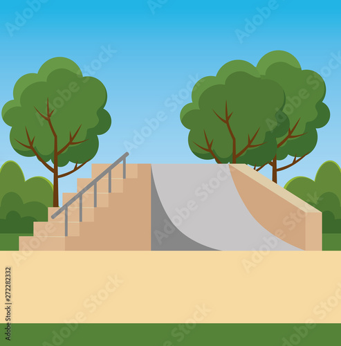 park with skateboard ramps and trees with bushes plants
