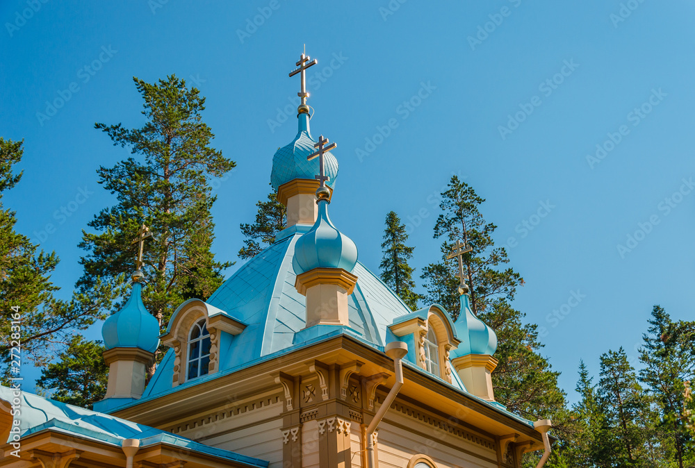 Domes of the Chapel of the Ascension of the Lord on Mount Eleon. Gethsemane skete of the Valaam Monastery. Valaam Island, Karelia, Russia.