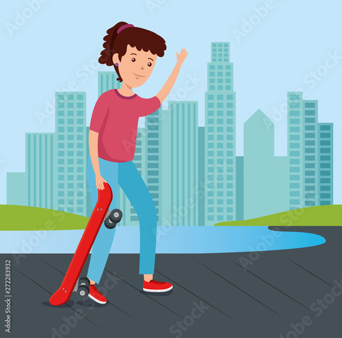girl in the urban park with skateboard sport