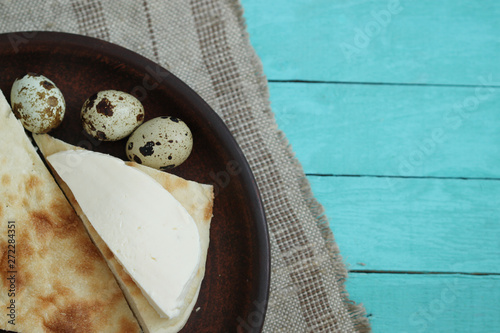 Healthy food background, breakfast with eggs, cheese, bread on plate