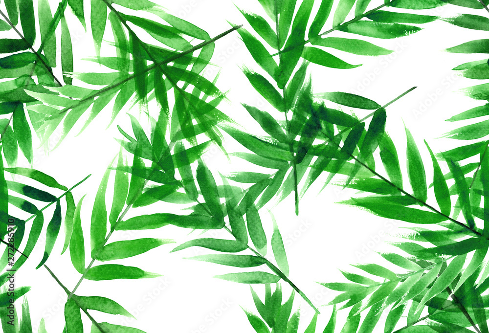 Fototapeta premium Watercolor seamless pattern,green tropical leaves.Hand painted botanical summer illustration on white background