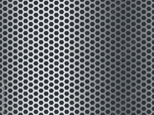 Metal texture pattern. Seamless steel plate, stainless mesh. Chrome hexagon grunge aluminum perforated mosaic finish vector background
