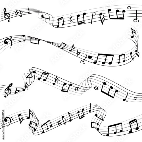 Music notes flowing. Musical note key composition, melody black silhouettes, music waves vector set photo
