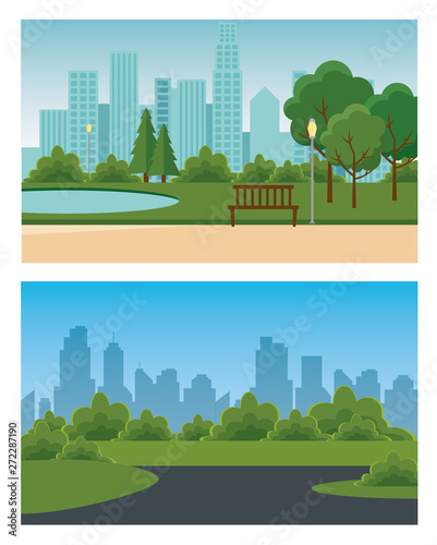 set of park with lake and bsuhes plants with trees