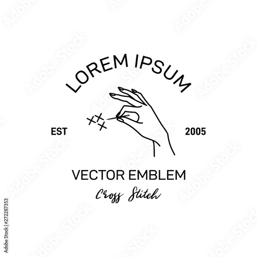Cross Stitch Logo. Vector Emblem Embroidery. Illustration of Female Hand Holding Needle in outline style. Logo pattern for needlewoman isolated on white background.