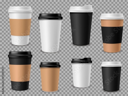Paper coffee cups set. White paper cups, blank brown container with lid for latte mocha cappuccino drinks realistic vector 3d mockups photo
