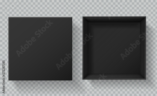 Black box packaging. Top view open and closed gift presentation boxes. Empty cardboard black package 3d vector mockup